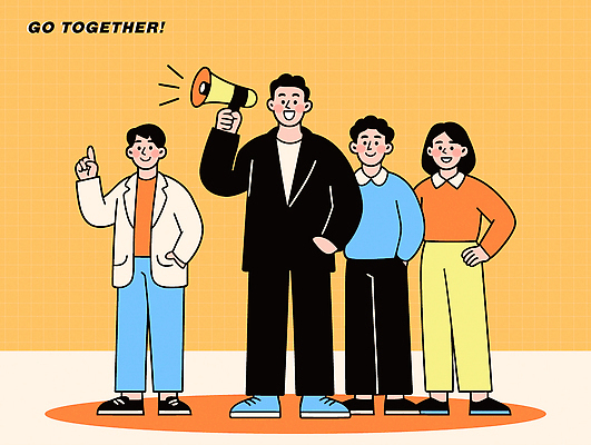 일러스트 응원 모션 커뮤니케이션 협력 아이디어 함께함 협상 여러명 청년 친구 확성기 모임 메시지 즐거움 기회 소통 밝은색 주목 참여 국내일러스트 AI파일 감정 다수 컨셉 비즈니스 관계 사람 성인 파일형식 벡터