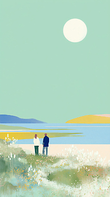 JPG 식물 모래 바다 여행 일러스트 자연 하늘 산 대화 갈대 풍경 해변 초록색 여름 친구 평화 일몰 흰색 수평선 국내일러스트 AI일러스트 AI콘텐츠 계절 컬러 컨셉 관계 말하기 노을 생태계 파일형식