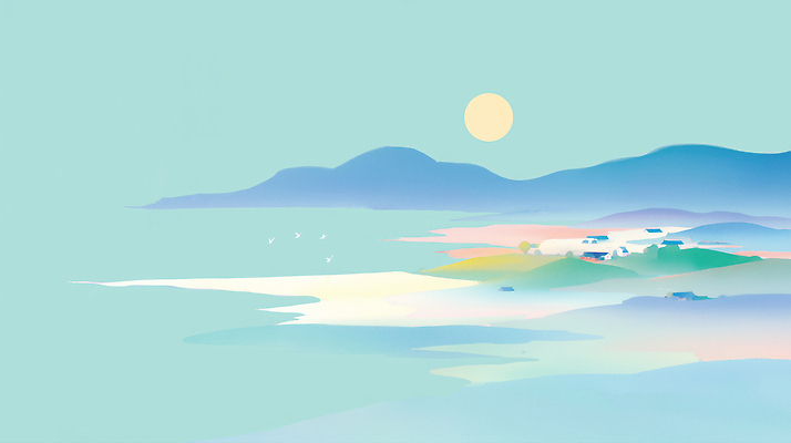 JPG 여유 바다 섬 여행 일러스트 자연 아침 풍경 해변 일상 햇빛 평화 일출 고요 언덕 조화 뷰티풀 색채 수평선 국내일러스트 AI일러스트 AI콘텐츠 주간 감정 컨셉 라이프 태양 노을 생태계 파일형식