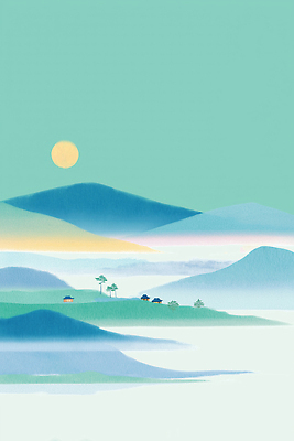 JPG 나무 호수 여유 일러스트 자연 하늘 산 풍경 일상 파란색 평화 마을 일출 고요 안개 조화 뷰티풀 국내일러스트 AI일러스트 AI콘텐츠 식물 감정 컬러 컨셉 날씨 라이프 노을 생태계 파일형식