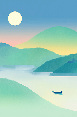 JPG 호수 물결 일러스트 자연 하늘 산 풍경 물 파란색 평화 고요 중앙 밤 저녁 신비 달빛 언덕 조화 뷰티풀 선박 국내일러스트 AI일러스트 AI콘텐츠 자연요소 컬러 컨셉 수상교통 견과류 달 야간 생태계 파일형식