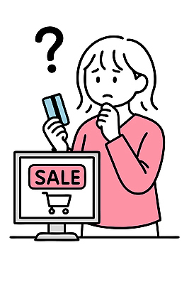 일러스트 쇼핑 유행 세일 상점 스크린 거래 신용카드 선택 소비 가격 불안 고객 장바구니 고민 결제 온라인 전자상거래 마케팅 국내일러스트 AI파일 감정 컨셉 금융 바구니 파일형식 벡터