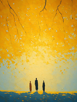 JPG 나무 예술 일러스트 자연 대화 풍경 일상 세명 평화 가을 그림 감동 조화 소통 뷰티풀 국내일러스트 AI일러스트 AI콘텐츠 식물 계절 감정 컨셉 말하기 사람 라이프 생태계 파일형식