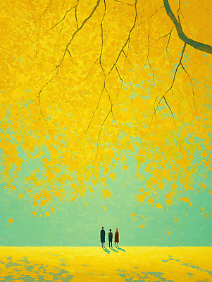 JPG 감정 컬러 일러스트 자연 하늘 나뭇잎 풍경 세명 빛 평화 산책 가을 분위기 외출 그림 조화 뷰티풀 순간 경관 국내일러스트 AI일러스트 AI콘텐츠 계절 컨셉 잎 휴식 사람 생태계 파일형식