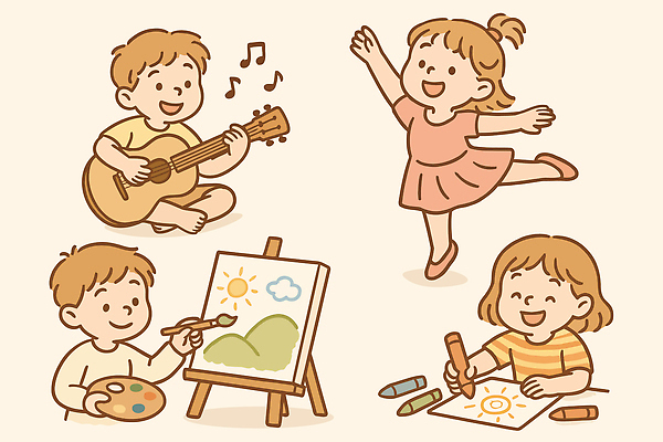 행복 여유 어린이 예술 음악 일러스트 모션 놀이 협력 미술 웃음 손짓 기타 표현 춤 색칠 즐거움 그림 놀기 창의성 국내일러스트 AI파일 감정 현악기 문화예술 표정 사람 파일형식 벡터