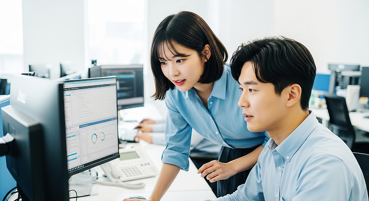 JPG 편집이미지 협력 직장 기술 대화 컴퓨터 사무실 환경 작업 직장인 토론 동료 문제해결 의료성형뷰티 현실 편집실사 AI인물포토 AI콘텐츠 직업 회사 비즈니스 관계 말하기 전자제품 CG 파일형식 AI포토