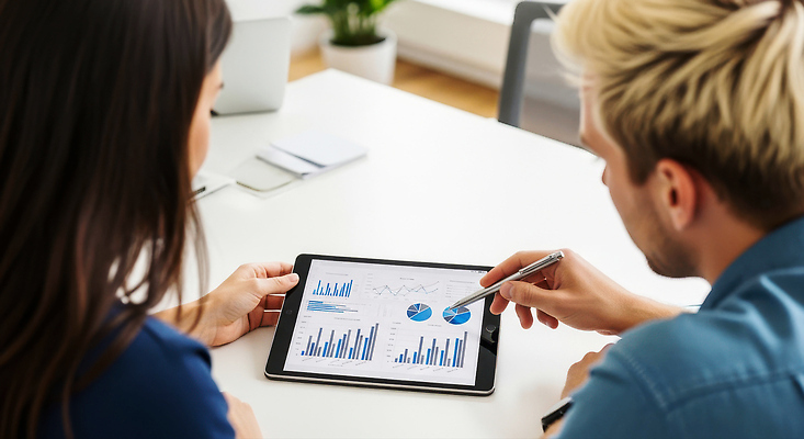 JPG 편집이미지 여자 남자 비즈니스 그래프 협력 전자제품 태블릿 사무실 자료 거래 정보 집중 분석 의견 서류판 의료성형뷰티 편집실사 AI인물포토 AI콘텐츠 컨셉 사람 스마트기기 사무용품 CG 파일형식 AI포토