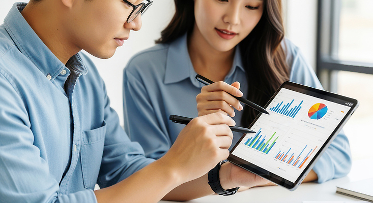 JPG 편집이미지 남자 비즈니스 그래프 협력 기술 전자제품 사무실 스크린 자료 정보 전문직 분석 소통 서류판 의료성형뷰티 편집실사 AI인물포토 AI콘텐츠 직업 컨셉 사람 사무용품 CG 파일형식 AI포토