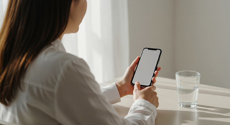 JPG 편집이미지 여자 셔츠 생각 커뮤니케이션 조명 잔 일상 물 스마트폰 핸드폰 사무실 흰색 분위기 집중 장면 의료성형뷰티 편집실사 AI인물포토 AI콘텐츠 자연요소 식기 컬러 컨셉 상의 비즈니스 사람 라이프 전자제품 스마트기기 CG 파일형식 AI포토