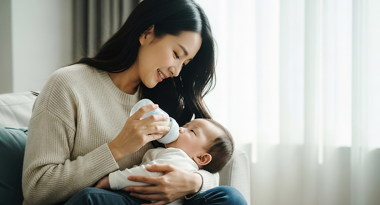 JPG 편집이미지 여자 행복 가족 엄마 실내 사랑 아기 편안함 모성애 분유 수유 의료성형뷰티 편집실사 AI인물포토 AI콘텐츠 감정 관계 사람 내부 아기용품 감각 CG 파일형식 AI포토