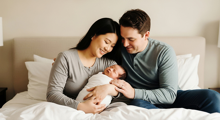 JPG 편집이미지 부부 행복 가족 관계 포옹 따뜻함 사랑 미소 부모 아기용품 침대 아기 소중 조화 순간 의료성형뷰티 편집실사 AI인물포토 AI콘텐츠 커플 감정 가구 컨셉 안기 표정 사람 CG 오브젝트 파일형식 AI포토