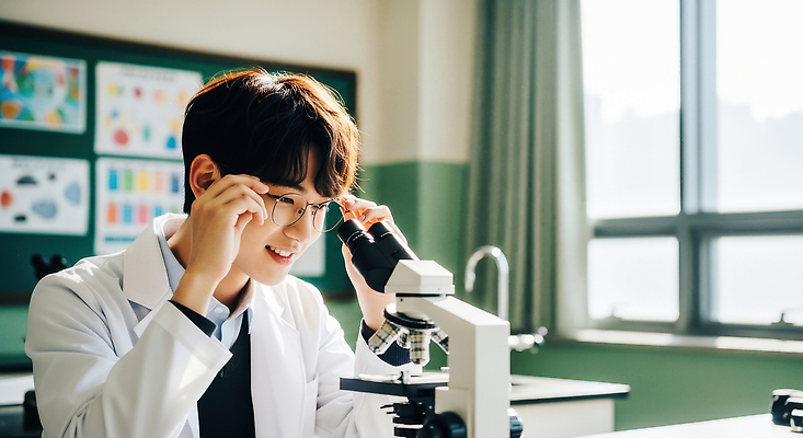 JPG 편집이미지 학생 교육 남학생 과학 현미경 실험기구 실험 학습 교양 관찰 실험실 호기심 생물학 의료성형뷰티 편집실사 AI인물포토 AI콘텐츠 남자 감정 컨셉 모션 CG 파일형식 AI포토
