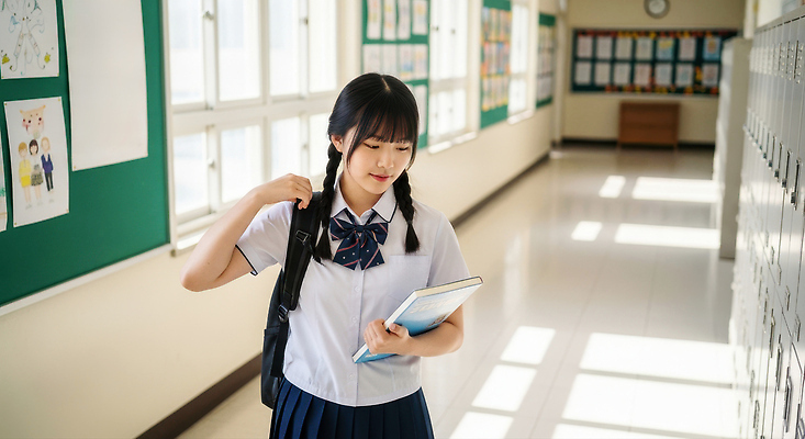 JPG 편집이미지 학생 교육 교복 교실 학교 청소년 학용품 책 학습 햇빛 걷기 복도 학창시절 동아리 의료성형뷰티 편집실사 AI인물포토 AI콘텐츠 옷 모션 문구용품 사람 태양 CG 파일형식 AI포토