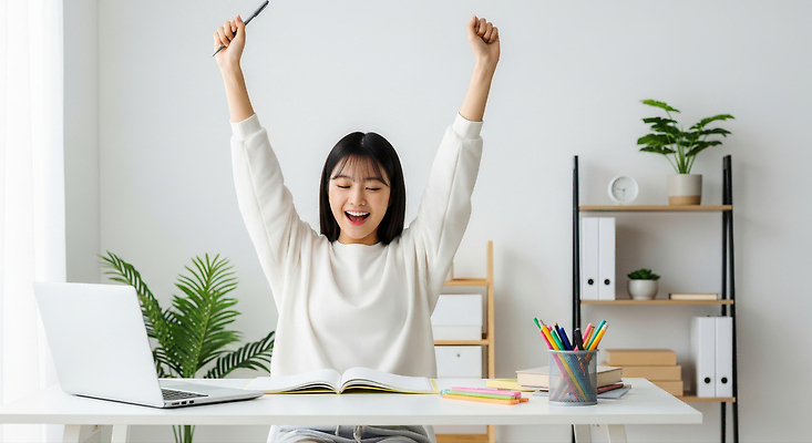 JPG 편집이미지 여자 행복 성공 학습 사무실 사무용품 기쁨 집중 책상 학원 자태 의료성형뷰티 편집실사 AI인물포토 AI콘텐츠 교육 감정 가구 컨셉 비즈니스 문구용품 사람 CG 파일형식 AI포토
