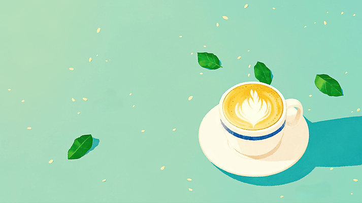 JPG 여유 커피 음료 백그라운드 일러스트 아침 휴식 나뭇잎 초록색 노란색 주방 카페 달콤 라떼 오후 카페인 국내일러스트 AI일러스트 AI콘텐츠 주간 감정 컬러 컨셉 잎 상점 맛 파일형식