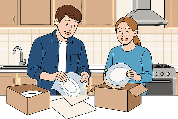 식기 접시 부부 여자 남자 행복 생활용품 가사 일러스트 포장 협력 요리 웃음 일상 상자 주방 기쁨 가전제품 오브젝트 정리 국내일러스트 AI파일 커플 감정 표정 사람 라이프 파일형식 벡터