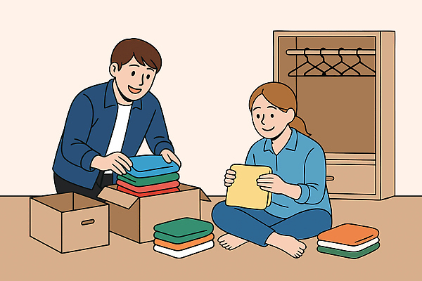 웰빙 행복 컬러 가사 거실 일러스트 모션 함께함 미소 두명 친구 상자 공간 시간 정리 소통 분류 효율 국내일러스트 AI파일 감정 컨셉 관계 표정 사람 파일형식 벡터