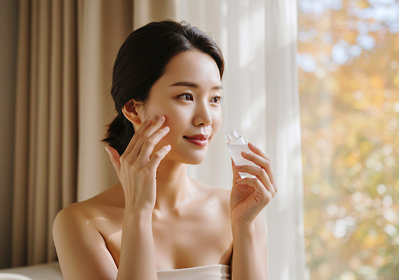 JPG 편집이미지 여자 미소 뷰티 화장품 촉촉함 창가 피부 크림 피부관리 화장대 일과 스킨케어 의료성형뷰티 편집실사 AI인물포토 AI콘텐츠 가구 창문 표정 사람 신체부위 젖음 CG 파일형식 AI포토