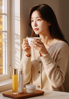 JPG 편집이미지 여자 여유 따뜻함 미소 일상 화장품 차 호흡 편안함 창가 피부관리 감성 스킨케어 뷰티풀 의료성형뷰티 편집실사 AI인물포토 AI콘텐츠 감정 음료 컨셉 창문 표정 사람 라이프 뷰티 감각 CG 파일형식 AI포토