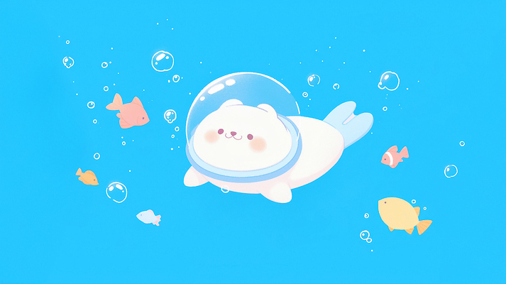 JPG 동물 캐릭터 행복 바다 일러스트 어류 귀여움 바닷속 수중 수영 수중동물 거품 탐험 수조 즐거움 환상 국내일러스트 AI일러스트 AI콘텐츠 감정 컨셉 수상스포츠 파일형식