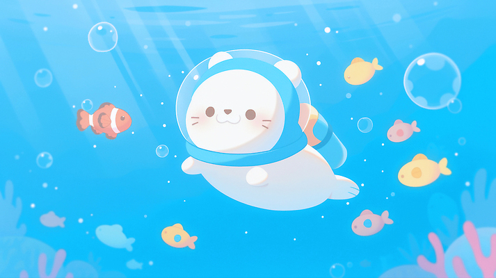 JPG 동물 바다 컬러 일러스트 생물 어류 파란색 귀여움 해저 수중 수영 수중동물 바다표범 수조 스쿠버다이빙 버블 국내일러스트 AI일러스트 AI콘텐츠 컨셉 포유류 바닷속 바다동물 수상스포츠 파일형식