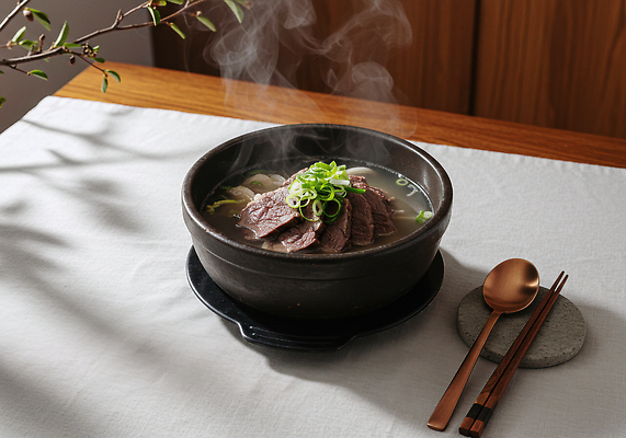 JPG 편집이미지 전통 한식 식탁 따뜻함 요리 식사 소고기 맛 김 국물 파 돌솥 갈비탕 편집실사 AI포토 AI콘텐츠 음식 컨셉 채소 탁자 육류 해조류 CG 탕 파일형식