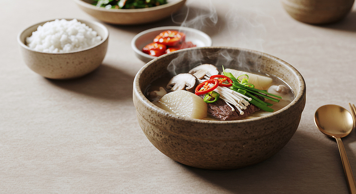 JPG 편집이미지 전통 채소 탁자 반찬 건강 육류 요리 식사 뜨거움 분위기 맛 국물 흰밥 소고기뭇국 편집실사 AI포토 AI콘텐츠 음식 가구 컨셉 식재료 밥 CG 국 파일형식