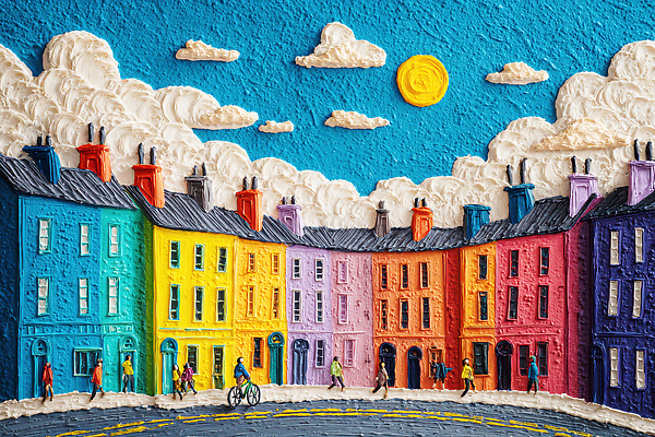 JPG 디자인 행복 문화 여유 예술 컬러 조각 일러스트 하늘 거리 사람 풍경 건물 일상 햇빛 자전거 산책 표현 도시 장면 창의성 국내일러스트 AI일러스트 AI콘텐츠 건축물 감정 휴식 라이프 태양 바이크 파일형식