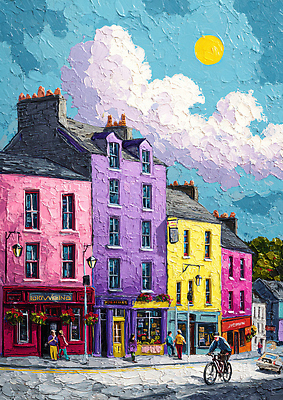 JPG 문화 예술 분홍색 여행 일러스트 창문 자연 하늘 거리 사람 풍경 건물 햇빛 노란색 마을 자전거 보라색 도시 그림 아일랜드 국내일러스트 AI일러스트 AI콘텐츠 건축물 유럽 컬러 태양 바이크 생태계 파일형식