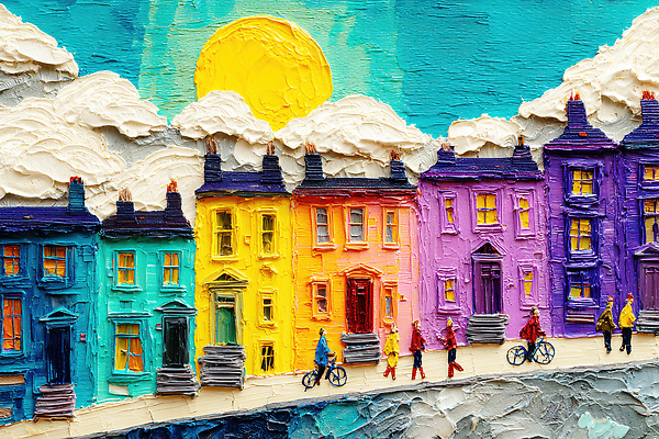 JPG 나무 구름 예술 컬러 일러스트 모션 거리 주택 밝음 사람 풍경 여러명 햇빛 걷기 자전거 도시 즐거움 오후 국내일러스트 AI일러스트 AI콘텐츠 자연요소 식물 감정 다수 건물 태양 바이크 파일형식