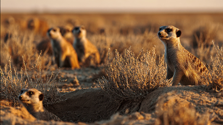 JPG 동물 편집이미지 모션 자연 일몰 사막 그룹 경계 생태계 미어캣 자연관찰 평야 편집실사 AI포토 AI콘텐츠 노을 관찰 CG 파일형식