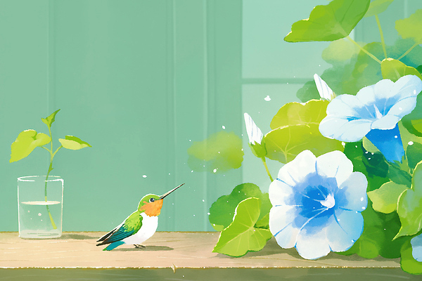 JPG 식물 동물 꽃 컬러 백그라운드 일러스트 자연 조류 아침 협력 초록색 파란색 정원 편안함 생태계 장면 조화 뷰티풀 오후 수분_꽃가루 국내일러스트 AI일러스트 AI콘텐츠 주간 감각 파일형식