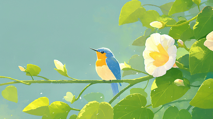 JPG 꽃 컬러 일러스트 자연 조류 생명 여름 갈색 평화 환경 정원 봄 나뭇가지 숲 생태계 감성 조화 뷰티풀 국내일러스트 AI일러스트 AI콘텐츠 나무 식물 동물 계절 컨셉 파일형식