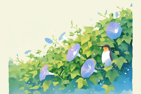 JPG 식물 동물 꽃 컬러 잎 일러스트 자연 조류 하늘 아침 풍경 여름 햇빛 평화 정원 생태 제비꽃 조용 뷰티풀 국내일러스트 AI일러스트 AI콘텐츠 주간 계절 컨셉 태양 생태계 파일형식