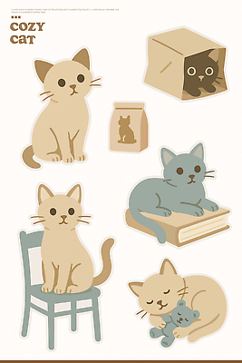 동물 캐릭터 스티커 의자 일러스트 주택 아이디어 앉기 장식 책 반려동물 상자 귀여움 고양이 다양 표현 편안함 색감 국내일러스트 AI파일 가구 다수 컨셉 포유류 모션 건물 감각 파일형식 벡터