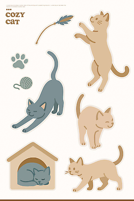 스티커 일러스트 장난 모션 털 반려동물 장난감 귀여움 고양이 스트레칭 표현 수면 주머니 까마귀 놀기 캣하우스 국내일러스트 AI파일 동물 컨셉 포유류 조류 물 운동 파일형식 벡터 애묘용품