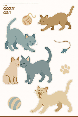 동물 디자인 예술 컬러 스티커 일러스트 모션 놀이 털 실내 표정 장식 반려동물 장난감 귀여움 고양이 공간 편안함 즐거움 국내일러스트 AI파일 감정 컨셉 포유류 내부 감각 파일형식 벡터