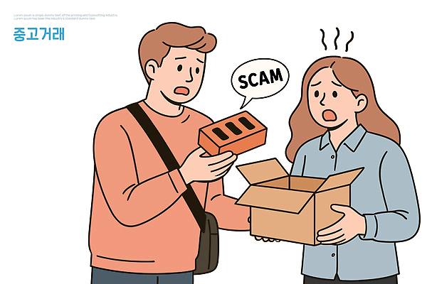 여자 남자 일러스트 벽돌 경제 상자 판매 놀람 피해 거래 사기그릇 시장 좌절 상업 소통 발생 피싱 중고거래 국내일러스트 AI파일 그릇 감정 컨셉 표정 사람 범죄 파일형식 벡터