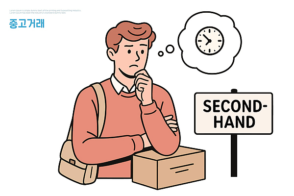 남자 시계 생각 일러스트 모션 쇼핑 판매 재활용 거래 표지판 직장인 소비 구매 상품 사인 고민 아이템 중고 포장상자 스타일 국내일러스트 AI파일 직업 감정 알림판 사람 상자 친환경 파일형식 벡터
