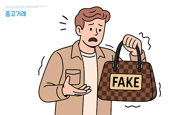 패션 남자 가방 일러스트 경고 경제 쇼핑 판매 세일 사기그릇 구매 상품 위험 당황 소셜미디어 중고 짝퉁 중고거래 국내일러스트 AI파일 그릇 잡화 감정 컨셉 사람 거래 파일형식 벡터