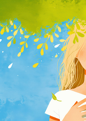 JPG 여자 감정 예술 컬러 일러스트 자연 하늘 나뭇잎 사랑 여름 평화 자유 감성 조화 소통 혁명 뷰티풀 창의성 청명 국내일러스트 AI일러스트 AI콘텐츠 계절 컨셉 잎 사람 생태계 파일형식