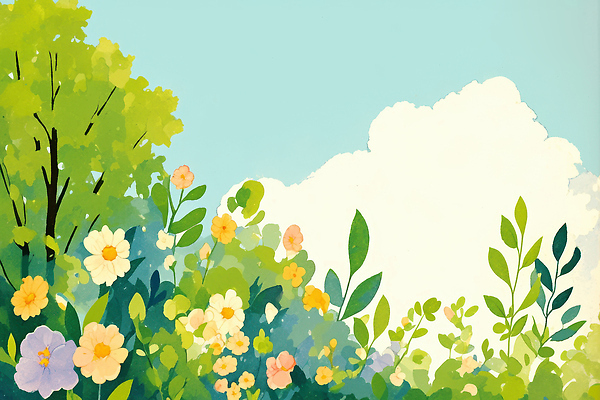 JPG 나무 식물 꽃 화초 컬러 잎 일러스트 자연 하늘 풍경 초록색 정원 봄 들꽃 이미지 만개 뷰티풀 국내일러스트 AI일러스트 AI콘텐츠 계절 생태계 파일형식
