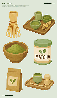 PSD 전통 음료 컬러 일러스트 건강 식사 도구 차 찻잔 가루 녹차 준비 거품기 말차 홈카페 국내일러스트 주방용품 잔 차_음료 카페 파일형식
