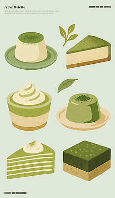 PSD 전통 일러스트 탁자 디저트 건강 요리 초록색 케이크 일본 카페 달콤 맛 생크림 젤리 푸딩 맛집 말차 국내일러스트 아시아 음식 컬러 가구 컨셉 차_음료 상점 크림 파일형식