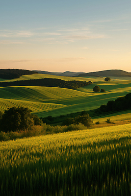 JPG 식물 편집이미지 자연 하늘 풍경 초원 초록색 파란색 햇빛 농경지 평화 고요 저녁 언덕 조화 뷰티풀 편집실사 AI포토 AI콘텐츠 컬러 컨셉 태양 농장 야간 CG 생태계 파일형식
