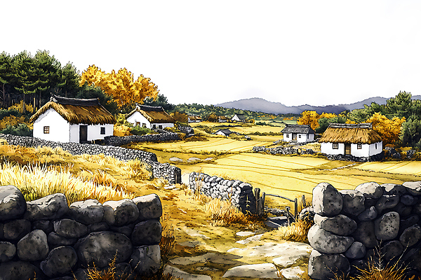 JPG 나무 문화 일러스트 자연 주택 한국 돌담 풍경 햇빛 농경지 평화 가을 시골 뷰티풀 오후 고택 국내일러스트 AI일러스트 AI콘텐츠 식물 건축물 계절 아시아 컨셉 건물 담장 태양 농장 돌_바위 생태계 파일형식