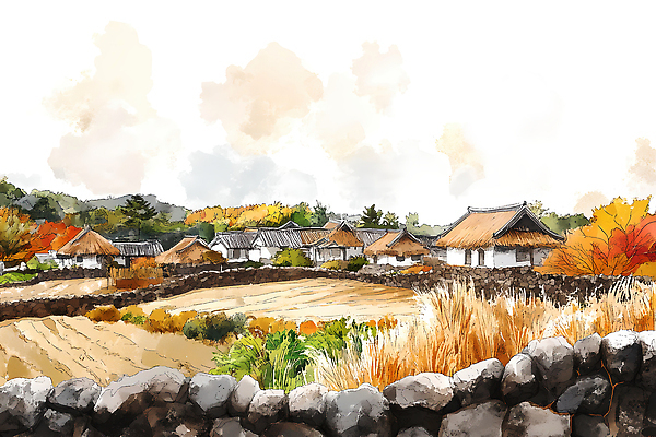 JPG 전통 문화 단풍 일러스트 자연 거리 한옥 한국 풍경 잔디 농장 평화 마을 고요 가을 전원 뷰티풀 목가 국내일러스트 AI일러스트 AI콘텐츠 식물 한국전통 계절 아시아 컨셉 고건축 잎 농업 전기에너지 생태계 파일형식