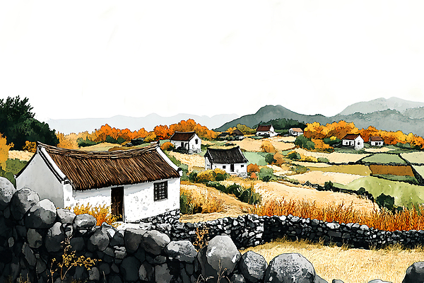 JPG 전통 계절 건축 컬러 일러스트 자연 아침 산 주택 풍경 초원 건물 농장 평화 환경 고요 일몰 가을 전원 농촌 석가래 국내일러스트 AI일러스트 AI콘텐츠 주간 건축물 컨셉 농업 노을 시골 전기에너지 생태계 파일형식