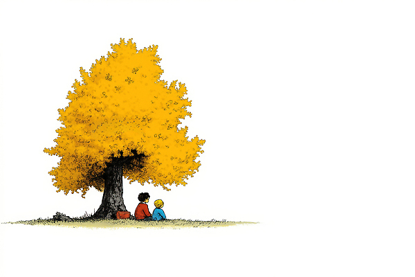 JPG 나무 행복 컬러 일러스트 자연 이야기 풍경 청춘 햇빛 평화 고요 우정 가을 소통 나란히 나무그늘 순간 국내일러스트 AI일러스트 AI콘텐츠 식물 계절 감정 컨셉 친구 태양 그늘 생태계 파일형식