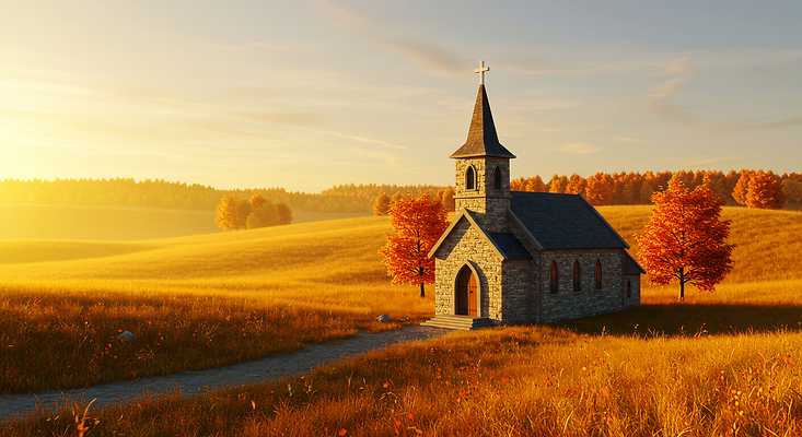 JPG 나무 편집이미지 자연 따뜻함 풍경 초원 빛 햇빛 교회 평화 정원 가을 화려 오후 풍요 편집실사 AI컴퓨터그래픽 AI콘텐츠 식물 계절 컨셉 종교건축 건물 태양 CG 생태계 파일형식